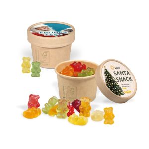 Paperbox mit Fruchtgummi und einem Werbeeinleger im Deckel