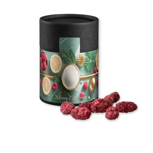 Gebrannte Mandeln Himbeere in Kraftpapierdose Midi schwarz mit Werbebanderole