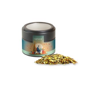 Bio Weihnachts Gewürzmischung Chefsache in schwarzer Mini Metalldose mit Sichtfenster und Werbebanderole