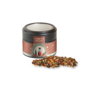 Weihnachts Gewürzmischung Geflügel in schwarzer Mini Metalldose mit Sichtfenster und Werbebanderole