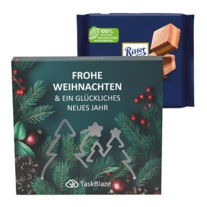 Ritter SPORT Nugat Schokolade in einer Präsentbox mit einer Wald-Ausstanzung und Werbedruck