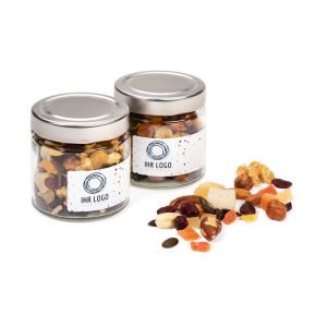 Weihnachtliche Nuss-Frucht-Mischung im Glas mit Banderole