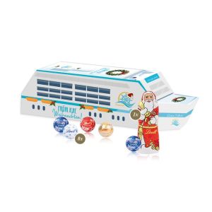 3D Präsent Schiff mit Lindt Minis und Nikolaus und Rundum-Werbedruck