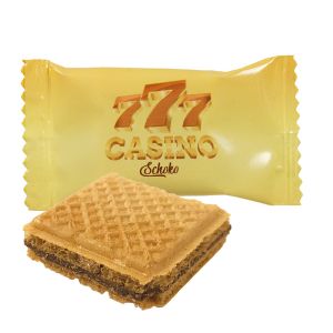 Schokoladen Waffelsnack im Flowpack mit Werbedruck
