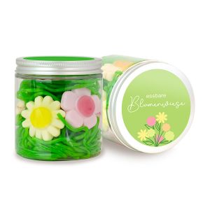Essbare Blumenwiese in transparenter Dose mit Werbeetikett