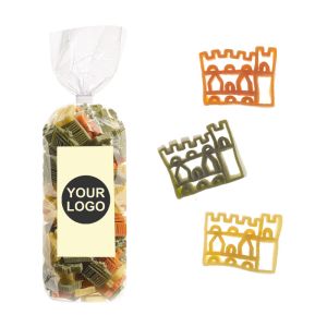 250 g Werbe-Nudeln in Burg-Form im Standbeutel mit Werbeetikett