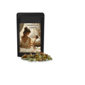 12 g Bio Kräutertee Seelenwohl im schwarzen Mini Doypack mit Werbeetikett