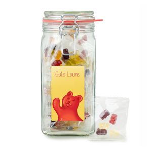 30 Fruchtgummi-Portionsbeutel im Bügelglas mit Werbeetikett