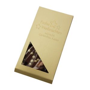 100 g chocolate Christmas bar in promotional cardboard box with promotional print
