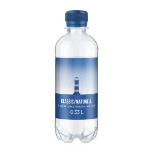 330 ml natürliches Mineralwasser naturell in Miniflasche mit Werbeetikett
