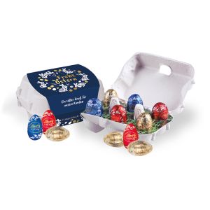 Lindt Schoko-Eier 6er-Set in Eierkartonage mit Werbebanderole