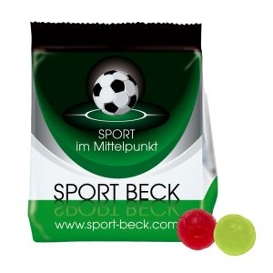 100 g Standbodenbeutel mit Fruchtgummi-Fußbällen mit Logodruck