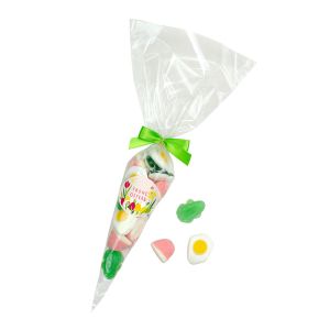 100 g Fruchtgummi Frohe Ostern in der Spitztüte mit Werbeetikett