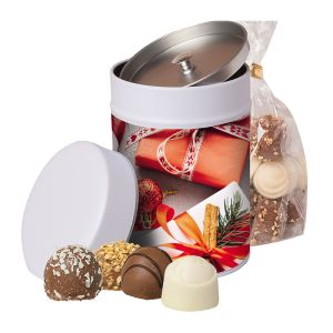 Pralinen-Mix in Metalldose mit Werbe-Etikett und Logodruck