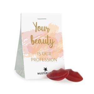 15 g Fruchtgummi Kussmünder im transparenten Standbeutel mit beidseitig bedruckbarem Werbereiter