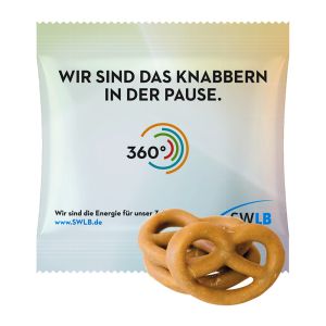 15 g Mini Brezeln mit Karamell überzogen im Werbetütchen mit Logodruck