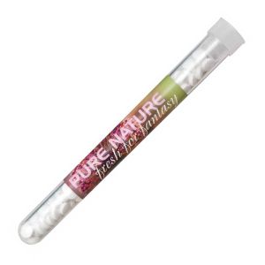 16 g zuckerfreie Mint-Pastillen im Reagenzglas mit Werbeetikett