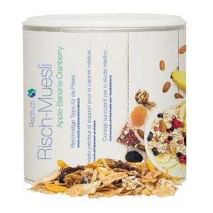 60 g Apfel Cranberry Müsli in Pappdose mit Werbedruck und Einleger