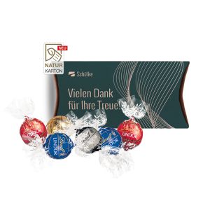Lindt Lindor Pralinés in Kissenverpackung (Naturkarton) mit Werbedruck
