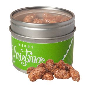 60 g feuergebrannte Bio Mandeln in Sichtfenster Dose mit Werbe-Etikett
