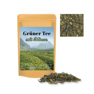 12 g Bio Tee Grüner Tee mit Minze im Mini Doypack mit Werbeetikett