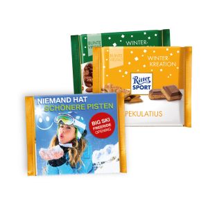 Ritter SPORT Winterkreation mit Werbebanderole und Werbedruck