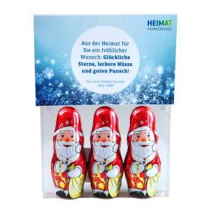 Weihnachtsmänner in Blister mit Werbereiter und Werbedruck