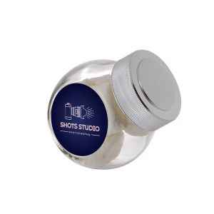 0,2 Liter Schräghalsglas befüllt mit Marshmallows und mit Werbeetikett