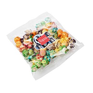 30 g buntes süßes Popcorn im transparenten Tütchen mit Werbeetikett