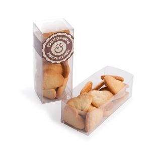 Butterkeks-Herzen in Klarsichtbox mit Werbe-Banderole