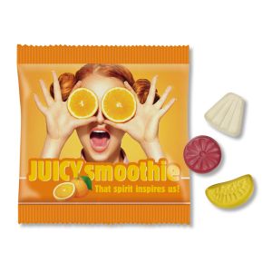 20 g Vegane Exotic Früchtchen Im Werbeflowpack mit Werbedruck