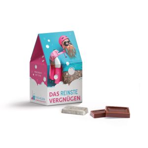Standbodenbox mit Fairtrade Alpenmilch-Schokotäfelchen und Werbedruck