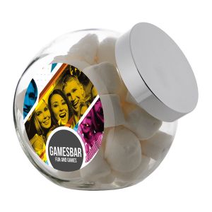 2 Liter Schräghalsglas befüllt mit Marshmallows und mit Werbeetikett