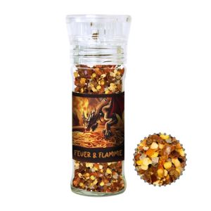45 g Bio Gewürzmischung Feuer und Flamme in Gewürzmühle mit Werbeetikett