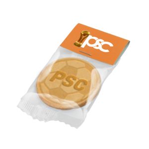 10 g Butter-Vanille-Keks mit Fußballprägung im transparenten Flowpack mit Werbereiter