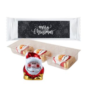 Bio Schoko Weihnachtsmänner im Tray mit Werbe-Etikett mit Werbedruck