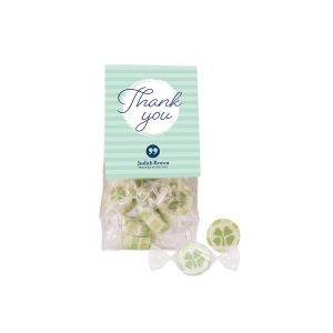 40 g Bonbons mit Kleeblatt-Motiv in Candy-Bag mit Werbereiter