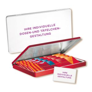 150 g FEODORA Schokotäfelchen in Präsentdose mit Werbeanbringung