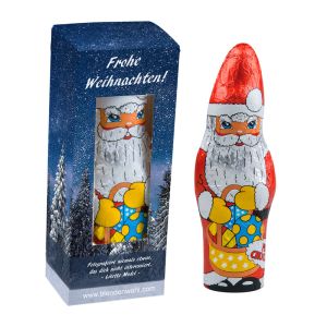 Weihnachtsmann in Werbekartonage mit Fenster und Werbedruck