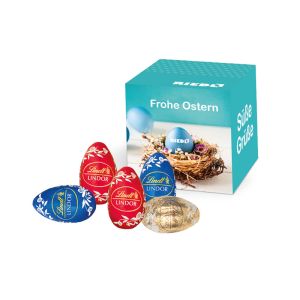 Oster-Werbewürfel mit Lindt Lindor Schoko-Eier und Logodruck