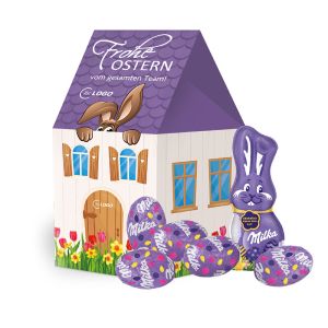 3D Oster Haus Milka Alpenmilch-Eier und Schmunzelhase mit Werbebedruckung