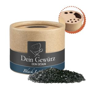 75 g Hawaiianisches Black Lava Salz im biologisch abbauren Pappstreuer mit Werbeetikett