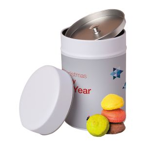 70 g Macaron-Gebäck in Metalldose mit Werbeetikett