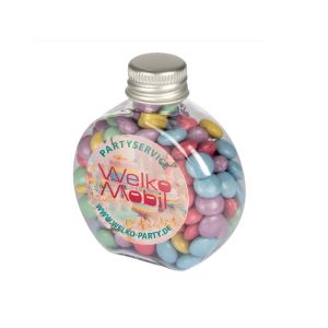 60 g Bunte Schoko-Linsen Vegan in Candy Bottle mit Werbeetikett