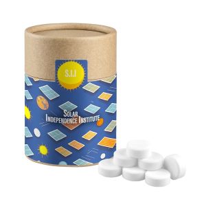 80 g zuckerfreie Pfefferminz Drops in Kraftpapierdose Midi mit Werbebanderole