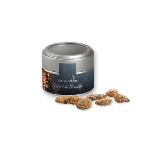 60 g Feuergebrannte Mandeln ohne Zuckerzusatz in silbener Mini Metalldose mit Sichtfenster und Werbebanderole