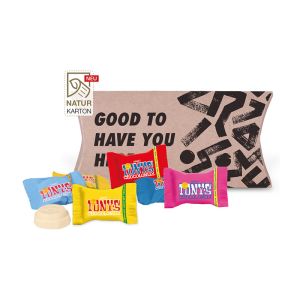 Tiny Tony´s Chocolonely in Kissenverpackung (Naturkarton) mit Werbedruck
