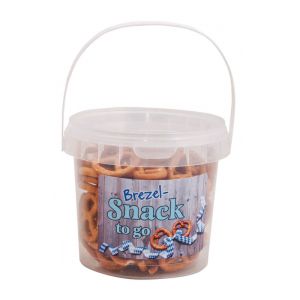 130 g Mini Brezeln im transparenten Eimer mit Werbe-Etikett
