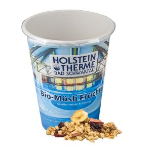 70 g Knusper Früchte Müsli im Werbebecher mit Logodruck