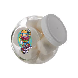 0,4 Liter Schräghalsglas befüllt mit Marshmallows und mit Werbeetikett